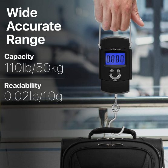Flexzion Travel Hanging Digital Fishing Scale, Portable Luggage Scale Electronic Backlight LCD Display 110lb/50kg Fish Hook Balance Smart Weight Thermometer for Suitcase, Tackle Box, Batteries Include - Image 3