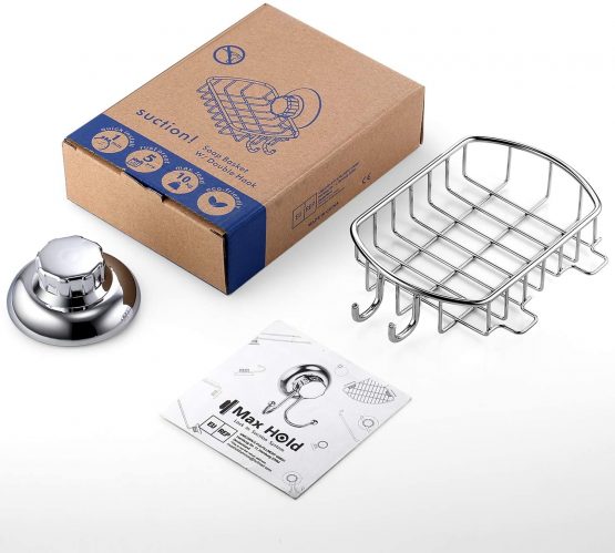 MaxHold No-Drilling / suction Cup Soap Basket - Soap Dish Holder with Hook- Vaccum System - Stainless Steel - Sponge Holder for Bathroom & Kitchen - Image 3