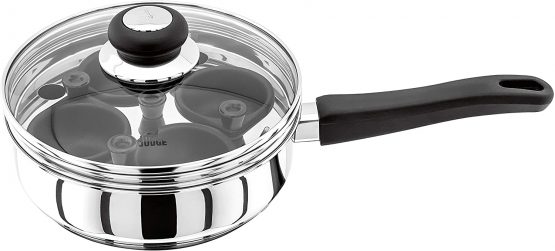Judge Vista JJ86A Four-Cup Egg Poacher and Stainless Steel Frying Pan, 20cm, Vented Glass Lid and Stay-Cool Handle, Induction Ready, 25 Year Guarantee 10 Year Non-Stick Warranty