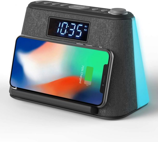 Alarm Clock Bedside FM Radio Non Ticking with USB Charger & Wireless QI