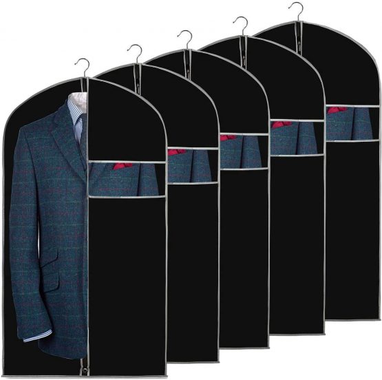 URMI Garment Bags, Breathable 40 inch (5 PCS) Suit Jacket Covers Clothes Bags for Storage with Clear Window Dust Proof Dress Bags Protector for Suit, Coat, Jacket, Dress Closet Storage Black