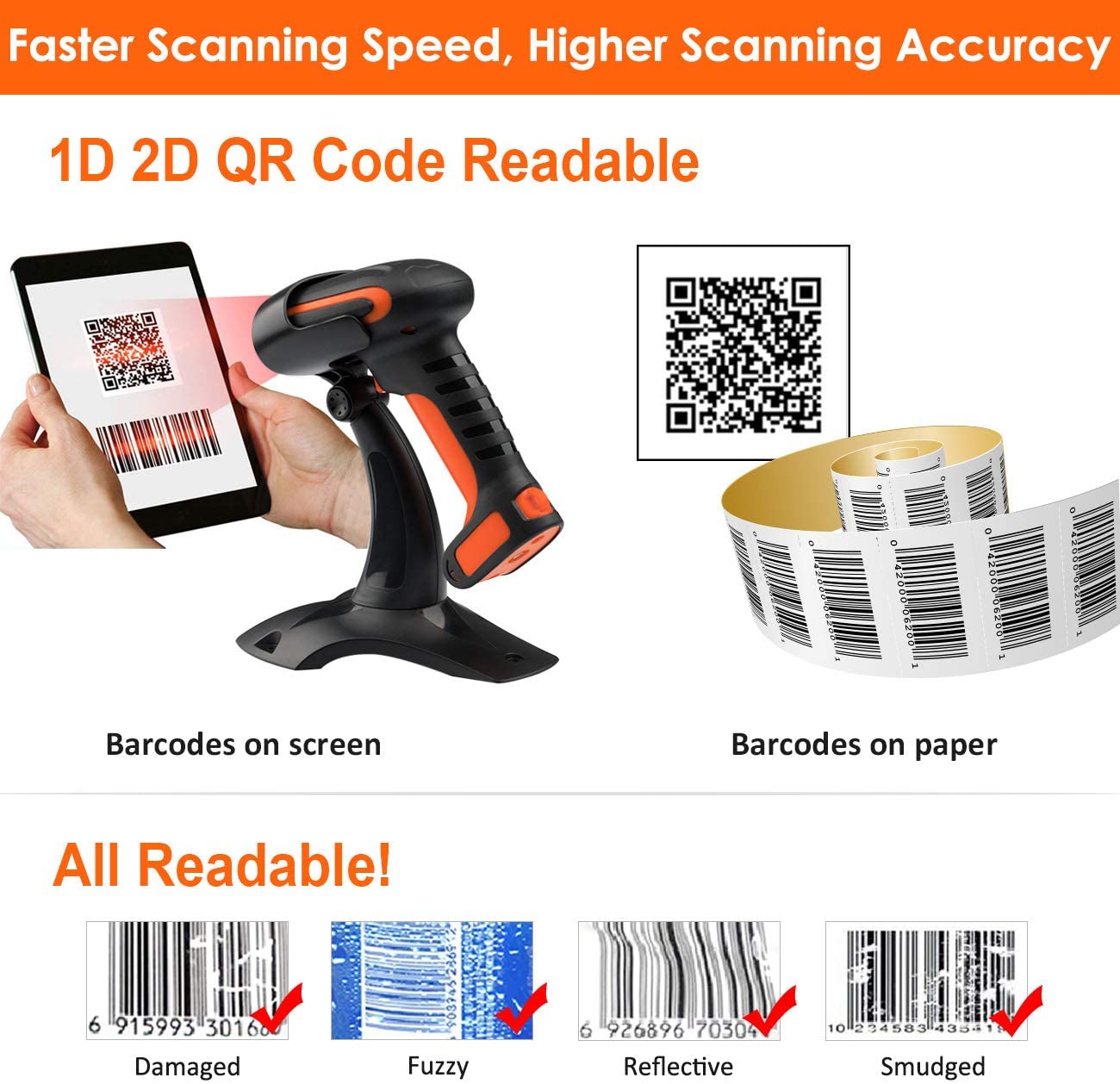 Tera Pro 1D 2D QR Wireless Industrial Barcode Scanner Bluetooth 1D 2D QR Code Reader 2200 mAh Built-in Battery Extreme Drop Resistance Heavy Duty 8100 - Image 3