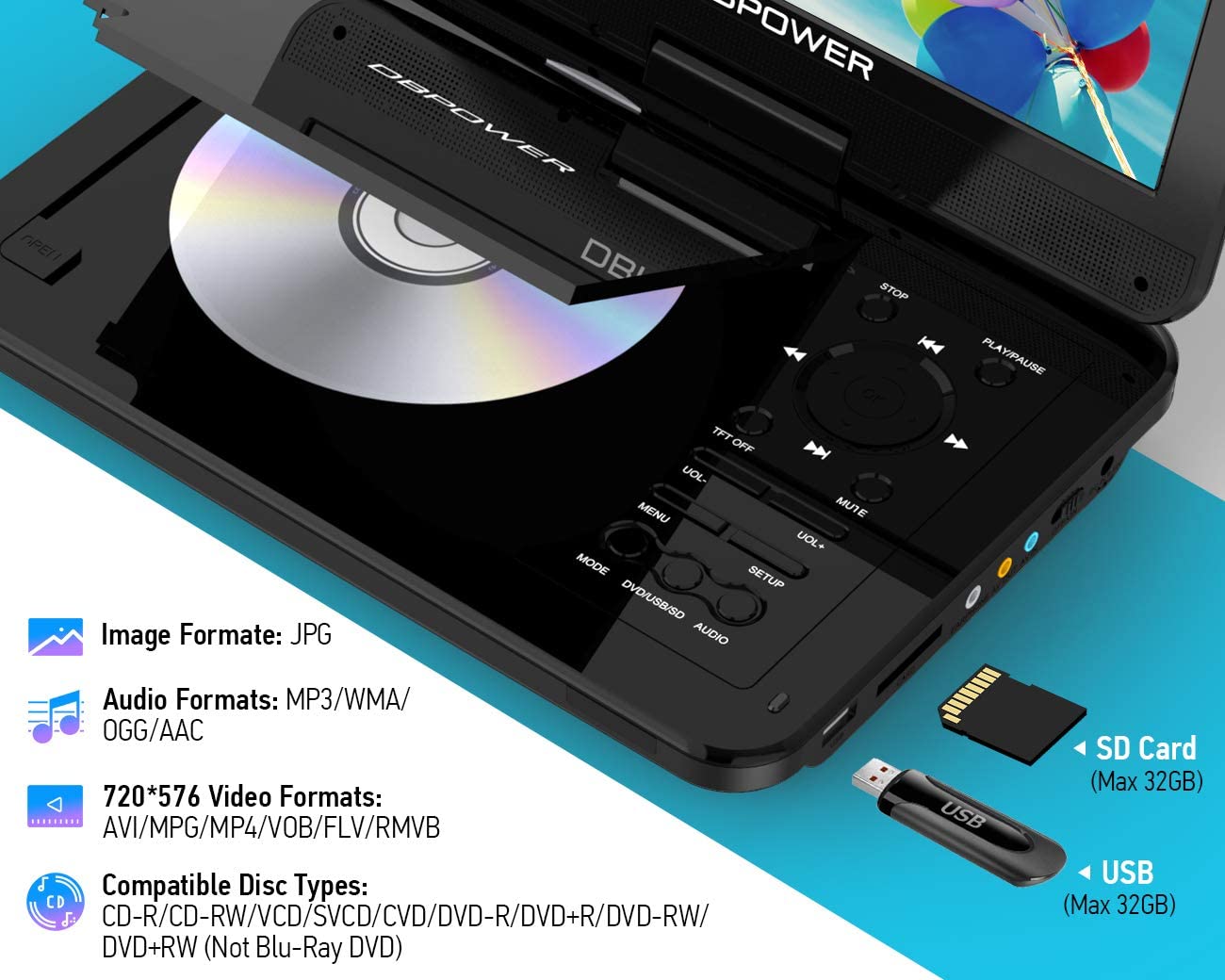 DBPOWER 12.5" Portable DVD Player with 10.5" Swivel Screen Car Built-in 5 Hours Rechargeable Battery, Supports All-Region - Image 3