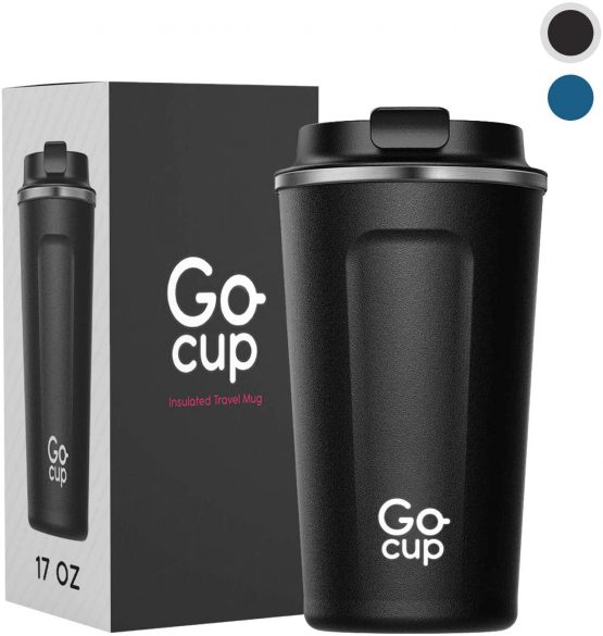 Travel Mug, Insulated Thermal Coffee Cup with Leakproof Lid, 510ml, UK Brand, Stainless Steel, Reusable, Large Size, Keep Drinks Hot and Cold, 17oz, Black