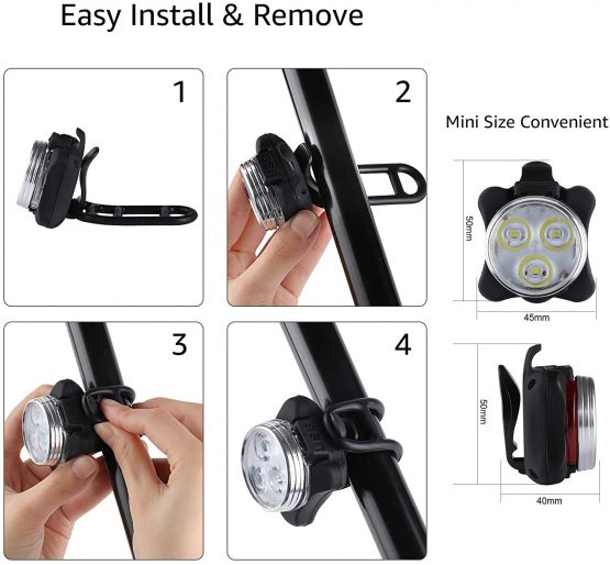Defurhome Bike Light Set, Super Bright USB Rechargeable Bicycle Lights, 4 Brightness Modes Options Cycling Front Light & Rear Light, Waterproof Mountain Road Bike Lights(2 Cables, 4 Straps) - Image 4