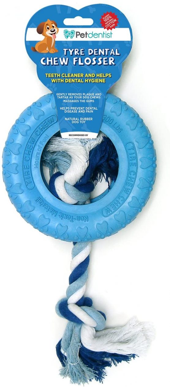 Petdentist- Tooth Flosser Rope Rubber Tug Tyre Ring Chew Toy for Best Dog Teeth Cleaning Dental Oral Care, Puppy Teething and Aggressive Chewers, Durable Tough Training Treat (Blue)