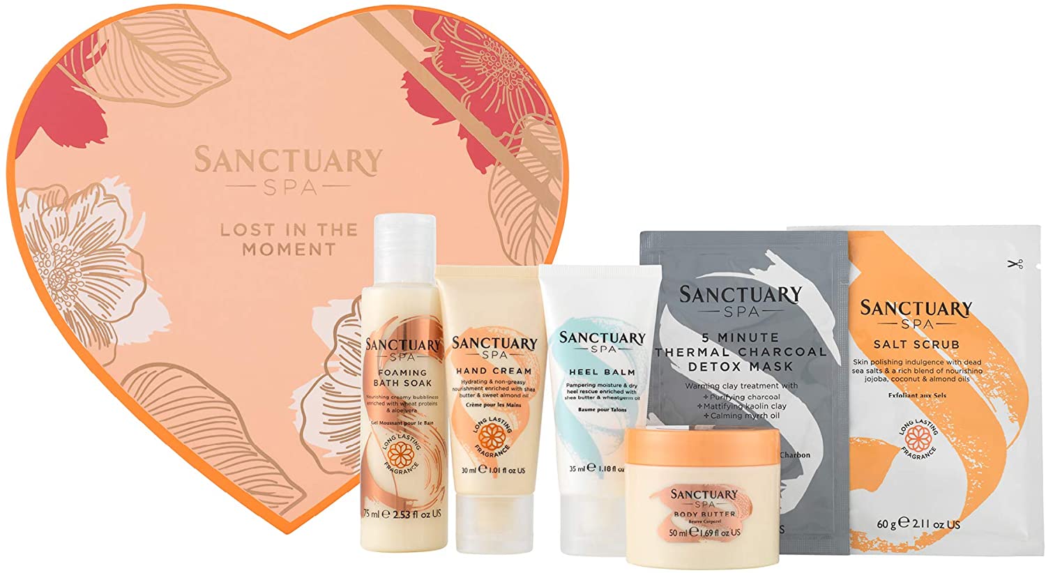 Sanctuary Spa Gift Set, Lost In The Moment Vegan Beauty Gift Box With Face Mask, Hand Cream, Foot Cream, Salt Scrub