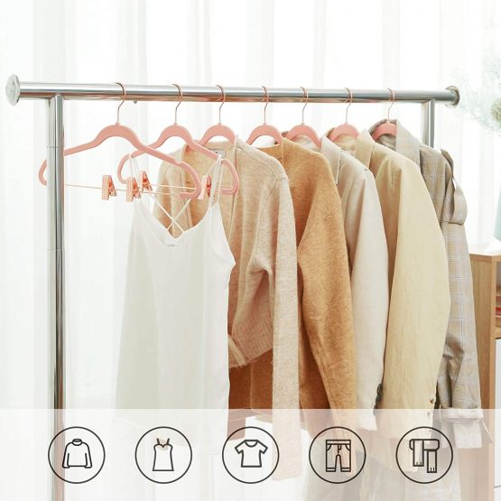 SONGMICS 24-Pack Velvet Coat Hangers, 42.5 cm Long Trousers Hangers with Rose Gold Coloured Movable Clips, Heavy-Duty, Non-Slip, Space-Saving, for Skirts, Dresses, Light Pink CRF14PK24 - Image 3
