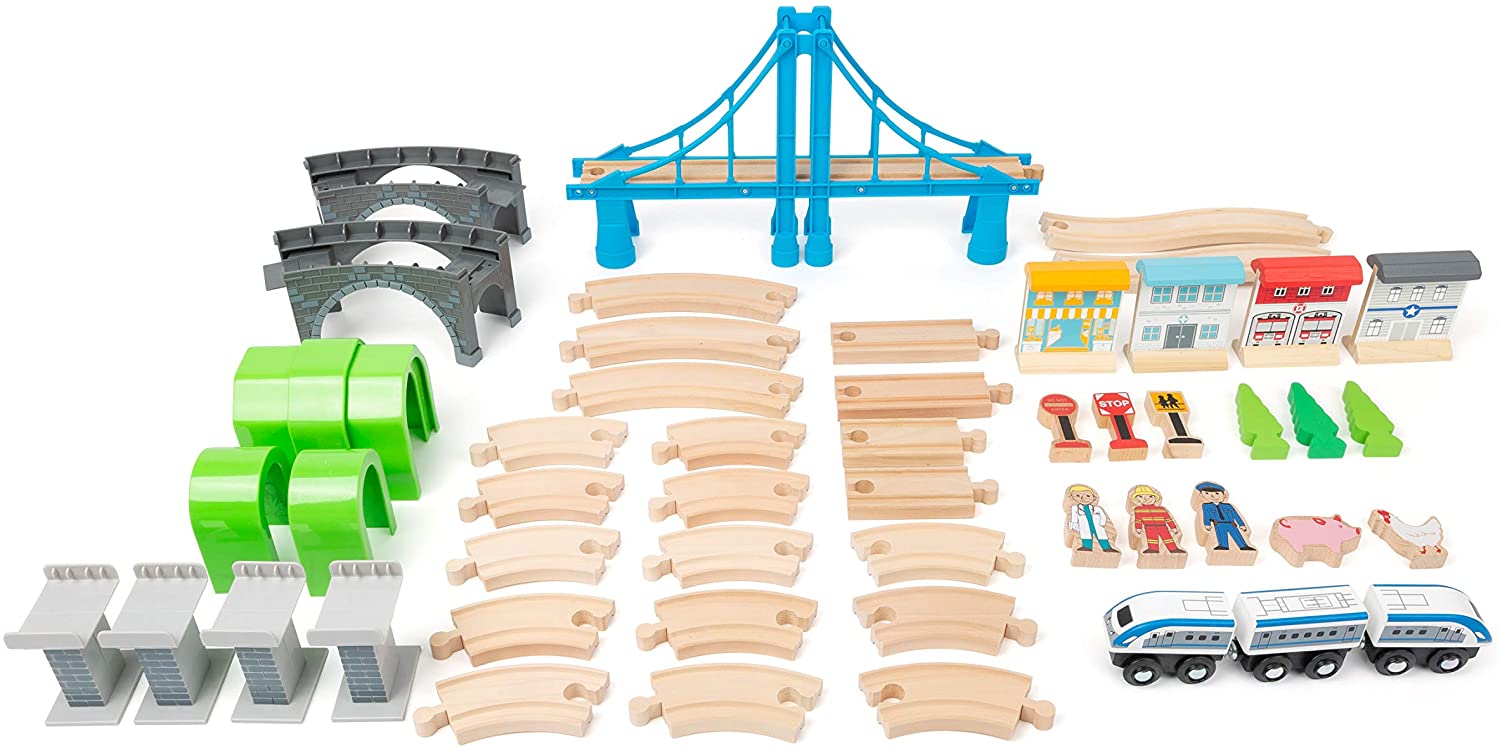 Small Foot 11492 Wooden Toy Train Bridge Building, Made of Wood, with Suspension Bridge and Tunnels, a Play World On Two Levels - Image 2