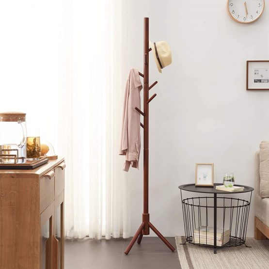IBUYKE Wood Coat Rack Free Standing, Entryway Hall Tree Coat Tree, Adjustable Coat Tree with 8 Hooks, for Home or Office Clothes, Scarves, Handbags, Brown RF-1195 - Image 3
