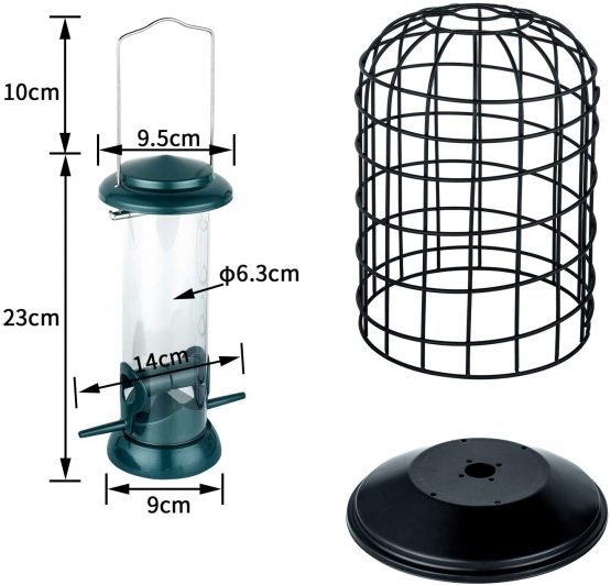 iBorn Squirrel Proof Bird Feeder with Squirrel, Pestoff Hanging Wild Bird Seed Feeder for Mix Seed Blends, Sunflower Heart, Birdbath, Heavy Duty All Metal Anti-UV Finishing, Green 8 Inch - Image 3