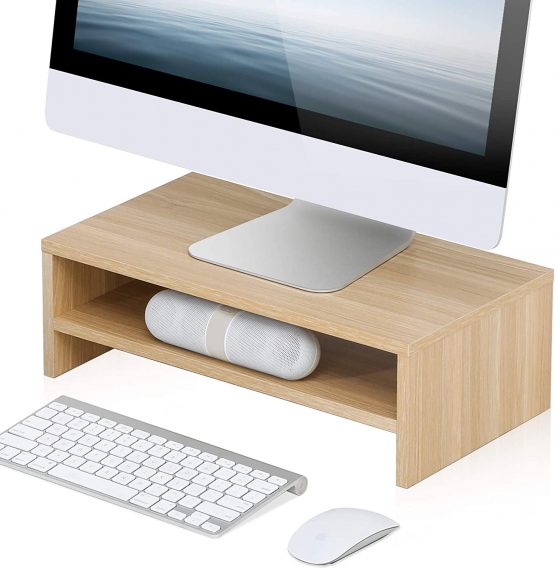 FITUEYES Monitor Stand Wood PC Laptop Computer Screen Riser,2 Tiers Monitor Printer Riser for Desks for Home & Office 42.5x23.5x14cm,Max Load:25 kg Yellow DT204201WO