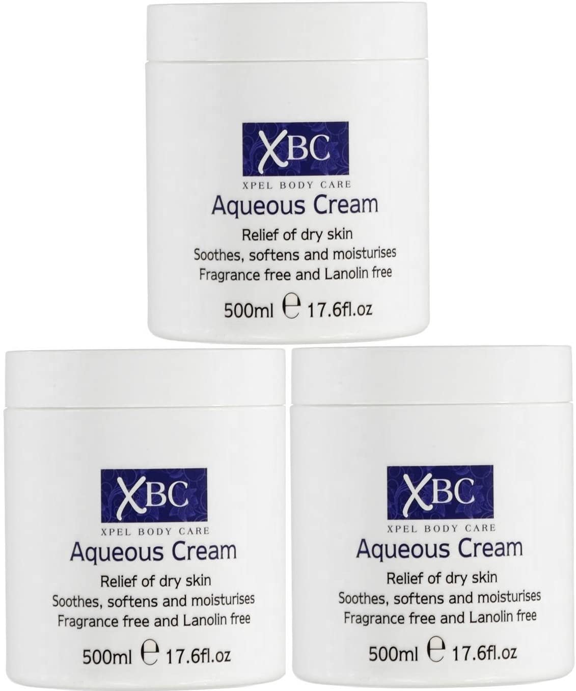 3 x 500ml XBC Aqueous Cream Emollient Large Tub Relief for Dry Skin, 500 ml (Pack of 3), 500 ml (Pack of 3)
