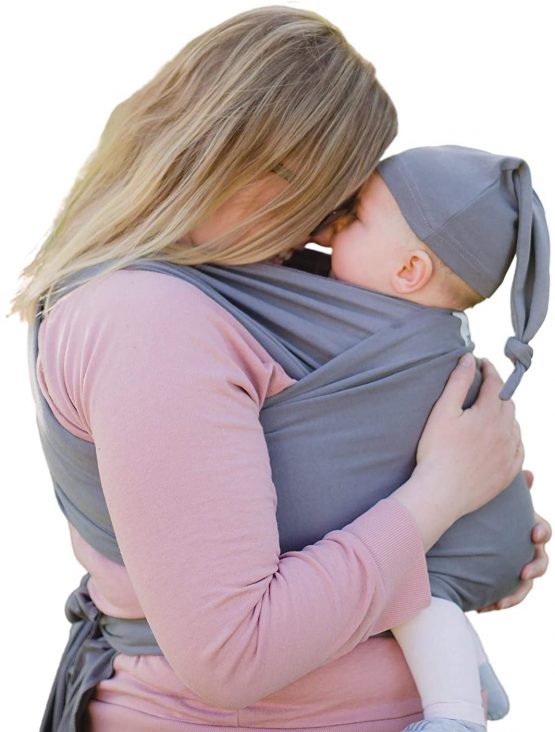 Baby Wrap Sling Organic Stretchy Premium Carrier | UK/EU Safety Tested | Made in The UK by Joy and Joe ® | Suitable from Birth to 16Kg | with Hat, Bag and Full Colour Instruction Booklet (Grey)