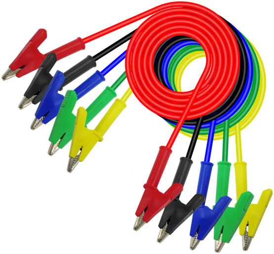 Cleqee 5PCS Test Leads Dual Ended Crocodile Alligator Clips Copper Clamps Heavy Duty Flexible 1M Test Cables 5 Colors for Multimeter Testing