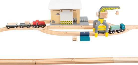Small Foot 11377 Wooden Freight, Lorry,Train Engine, Sliding Doors,360-degree rotatable Crane and Tracks,Ages 3 Years and up Toys, Multicolored - Image 4