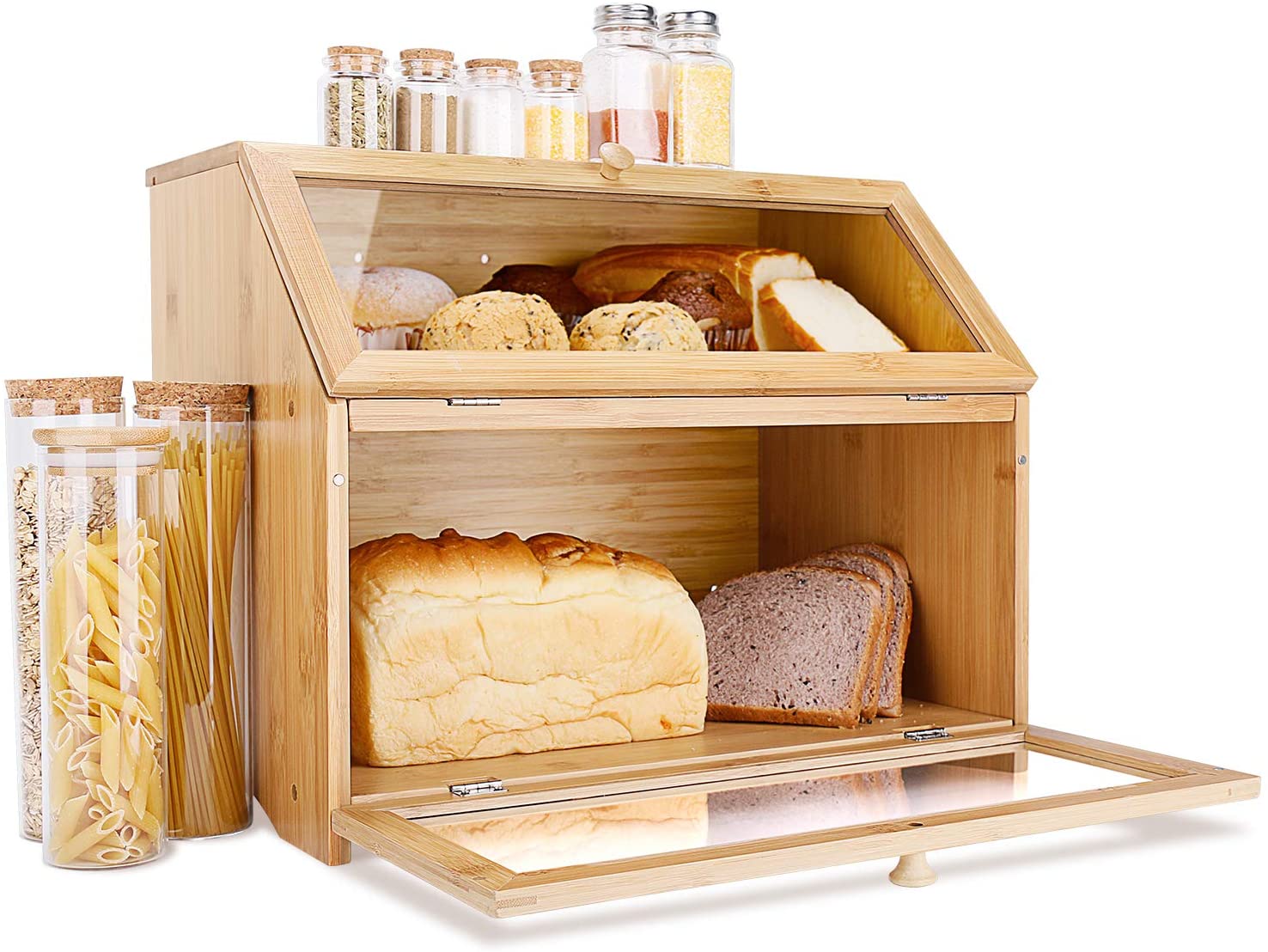 Leader Accessories Double Decker Bamboo Bread Bin 2Layer Bread Box for Kitchen Large Capacity