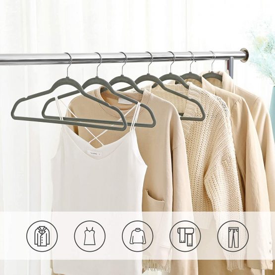 SONGMICS Set of 30 Velvet Hangers, 42 cm Long, Thin and Durable, High Load Capacity, with 360° Swivel Hooks, for Coats Shirts Suits, Grey CRF26V - Image 3