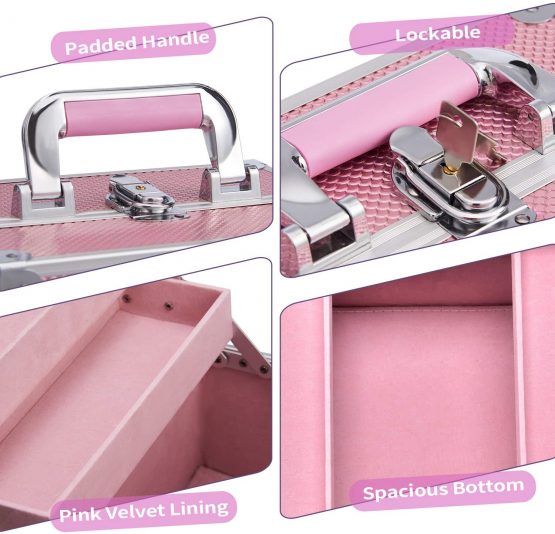 Frenessa Makeup Box Cosmetics Case Jewelry Organiser Vanity Make Up Storage Box Beauty Train Case Lockable with Keys (Mermaid Pink) - Image 4