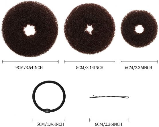 9 Pieces Donut Hair Bun Maker Shaper Foam Sponge Doughnut Bun Ring Style Set with 12 Pieces Hair Elastic Bands Ties and 32 Pieces Hair Bobby Pins for Women Girls Kids (Black, Brown and Beige) - Image 2
