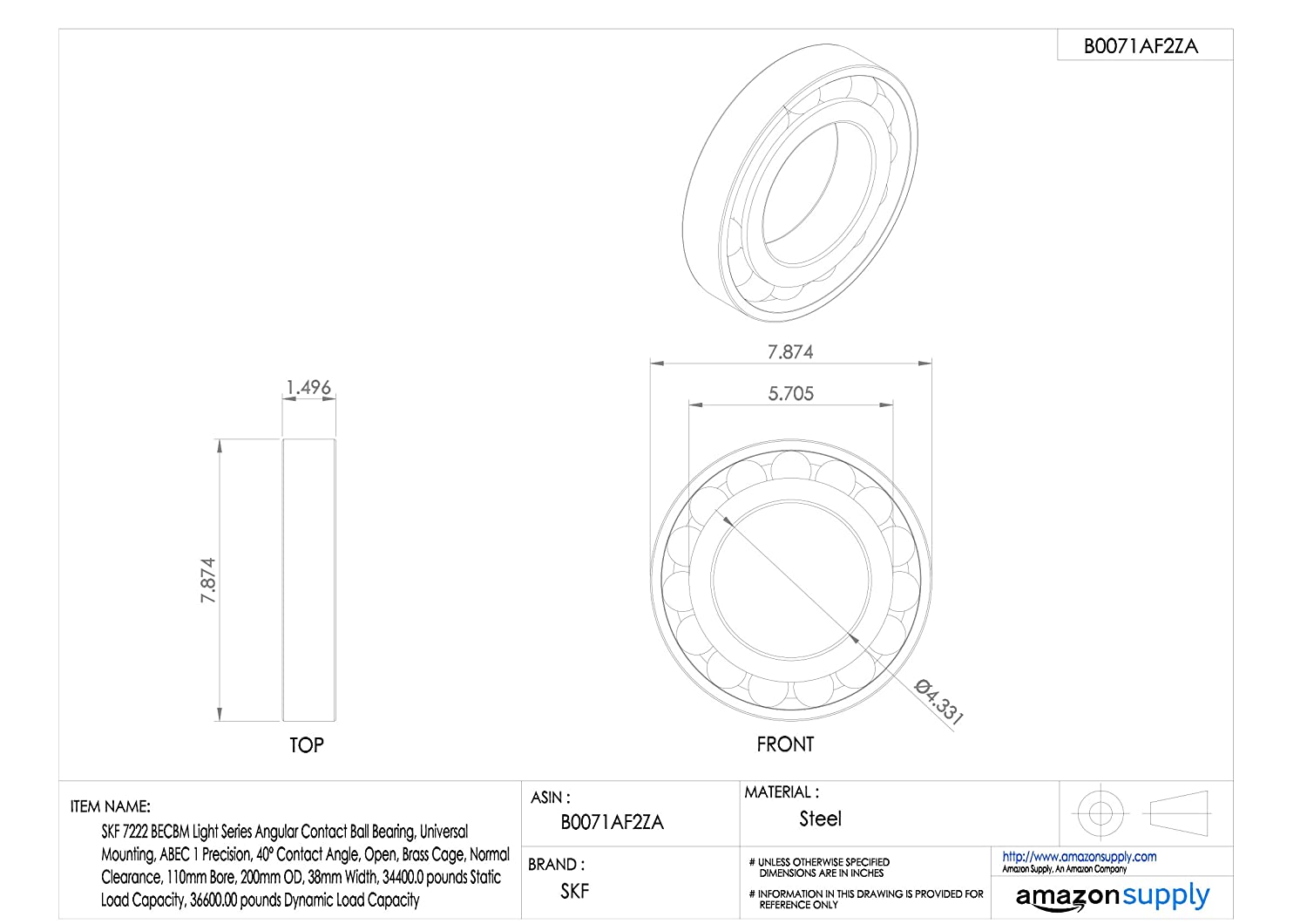 SKF 7222 BECBM Angular Contact Radial Ball Bearing, steel - Image 2