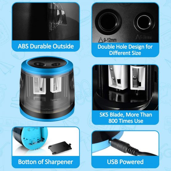 Electric Pencil Sharpeners, USB and Battery Mains Power, ARPDJK 2 Hole Heavy Duty Electronic Automatic Desktop Pencil Sharpener with Big Container for Kids Artist, Home Classroom and Office - Image 4