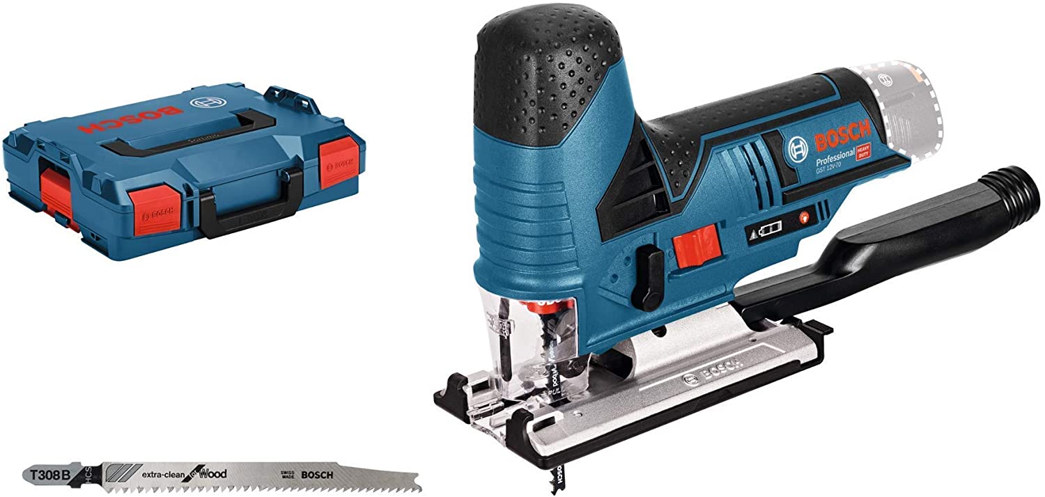 Bosch Professional 12V System GST 12V-70 Cordless Jigsaw (2 x Saw Blades, Glide Shoe, Anti-Splinter Guard