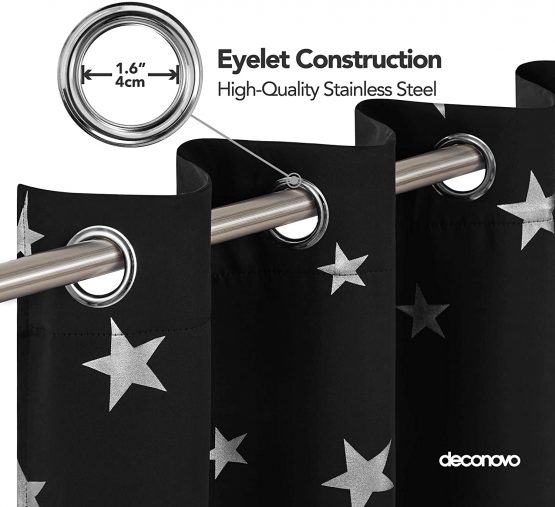 Deconovo Bedroom Eyelet Curtains Thermal Insulated Noise Reducing Star Foil Printed Blackout Curtains for Livingroom 55x114 Inch Black 2 Panels - Image 4