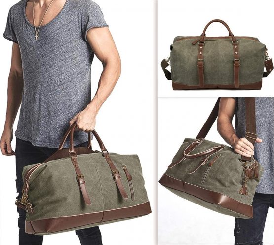EverVanz Oversized Holdall Travel Duffel, Canvas Leather Trim Tote Unisex Shoulder Satchel, Portable Cabin Weekend Bag Handbag for Men and Women - Image 2
