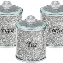 Diamond Crushed Tea Coffee Sugar Canisters Jars Kitchen Storage Silver Trimmings Crystal Filled Black Writing