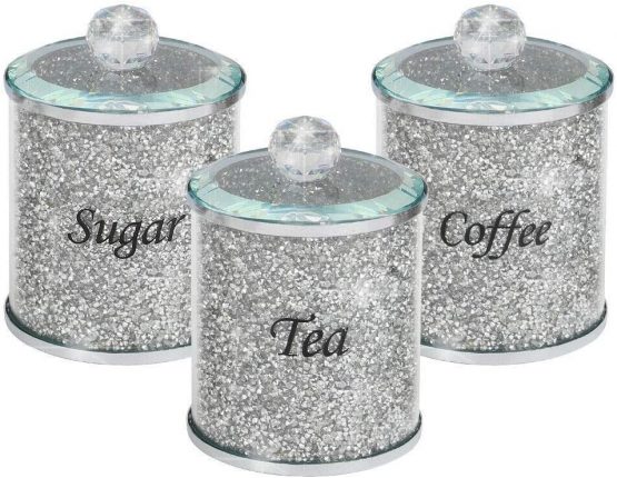 Diamond Crushed Tea Coffee Sugar Canisters Jars Kitchen Storage Silver Trimmings Crystal Filled Black Writing