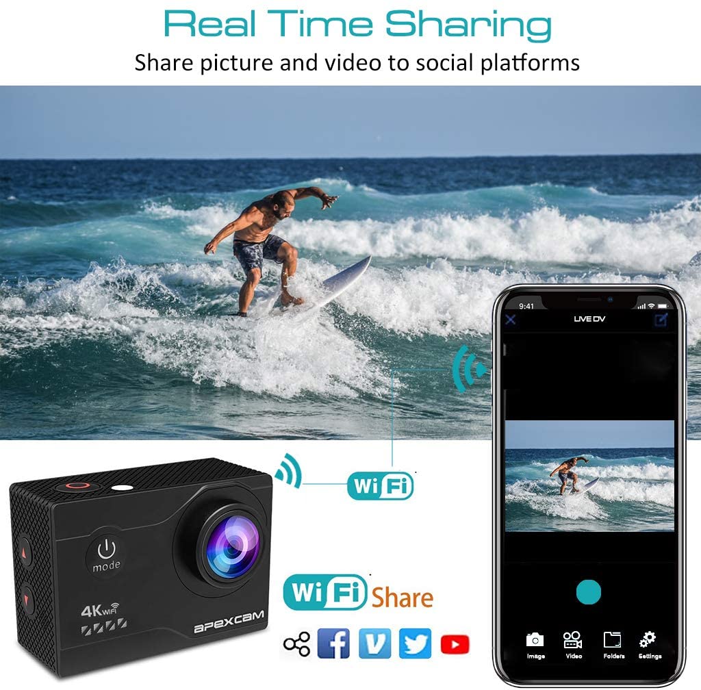 Apexcam 4K Action Camera 20MP 40M Waterproof Sports Camera for Vlog