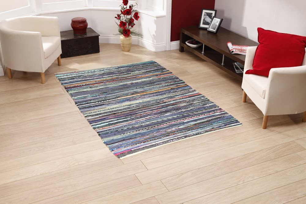 EHC 100% Recycled Handmade Multi-Coloured Chindi Floor Rug 60 x 90 cms, Multicolor, 60 x 90 cm (Rectangular) - Image 2