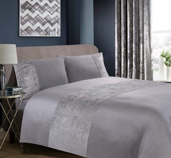 Hachette Lancaster Crushed Velvet Duvet Cover Bedding Bed Set with Pillowcases (Grey Silver, Super King)