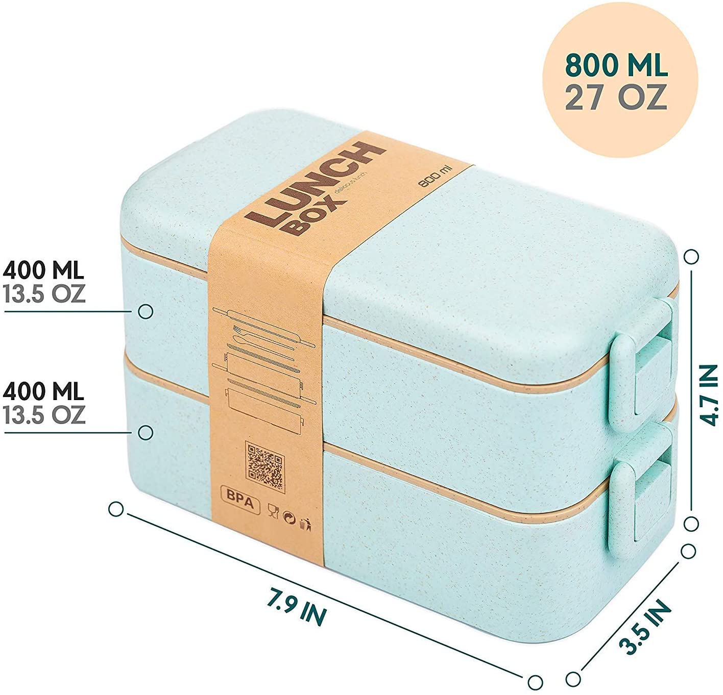 Boîte Bento Empilable 1400ml - 4 Compartiments Anti-Fuites - Fourchette Et Cuillère Incluses - Micro-ondes