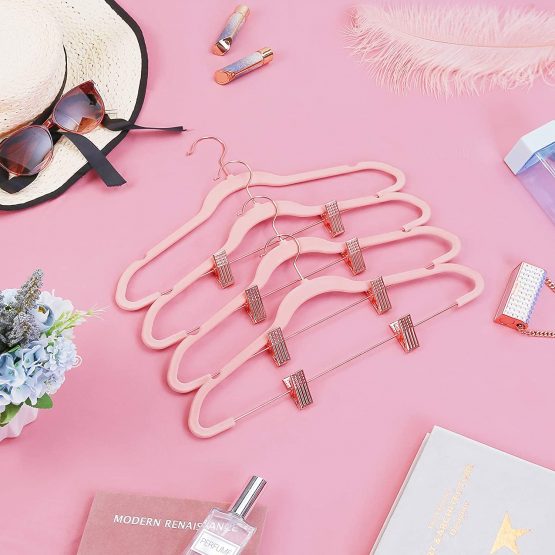 SONGMICS 24-Pack Velvet Coat Hangers, 42.5 cm Long Trousers Hangers with Rose Gold Coloured Movable Clips, Heavy-Duty, Non-Slip, Space-Saving, for Skirts, Dresses, Light Pink CRF14PK24 - Image 2