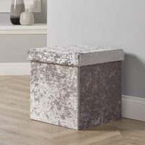 Home Source Folding Ottoman Velvet Fabric Storage Chest, Ice Silver, Square