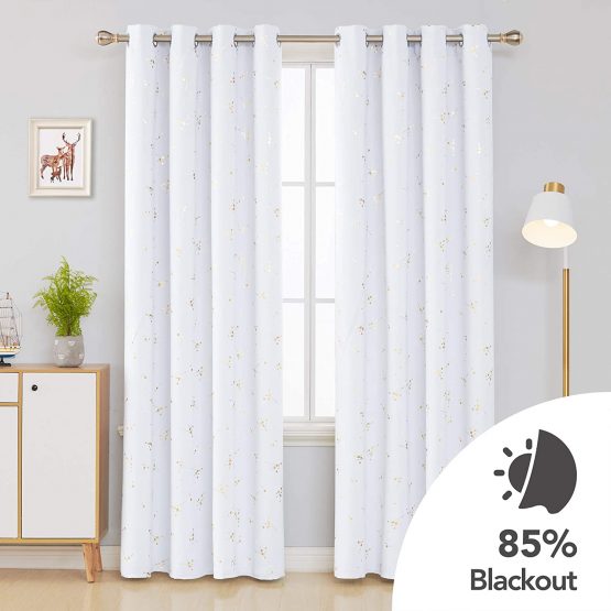 Deconovo Christmas Decorations Eyelet Blackout Curtains, Decoration Constellation Gold Printed Thermal Insulated Curtains for Kids Bedroom, 52 x 84 Inch(Width x Length), Greyish White, 2 panels - Image 2