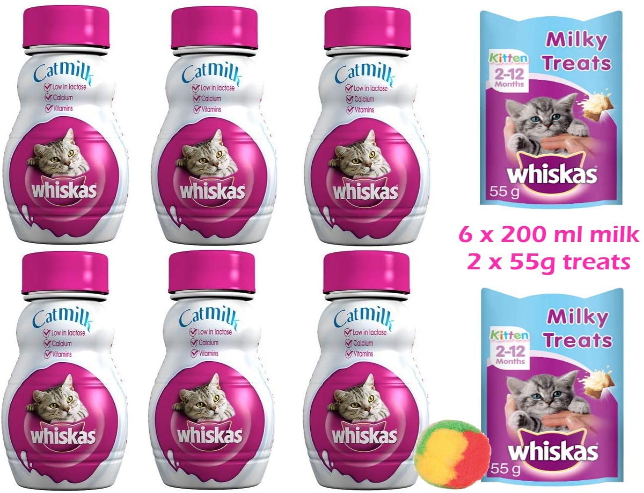 whiskas Cat Milk 6 x 200 ml Milky Treats, 2 x 55g MIX PACK and free toy