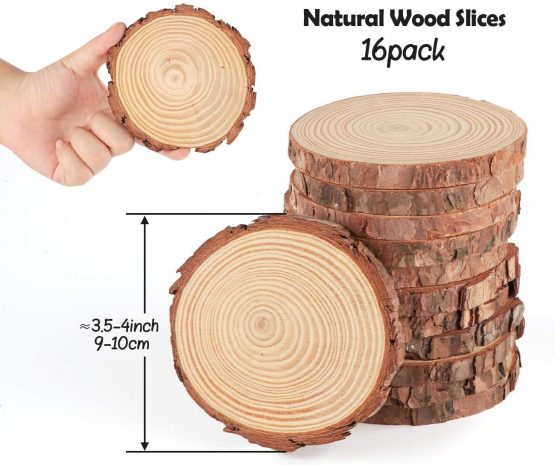 ilauke Natural Wood Slices 16 Pcs 9-10cm Circle Wooden Discs Unfinished Log Wooden Rounds for Arts Crafts Wall Decor Wedding Christmas DIY Projects - Image 2