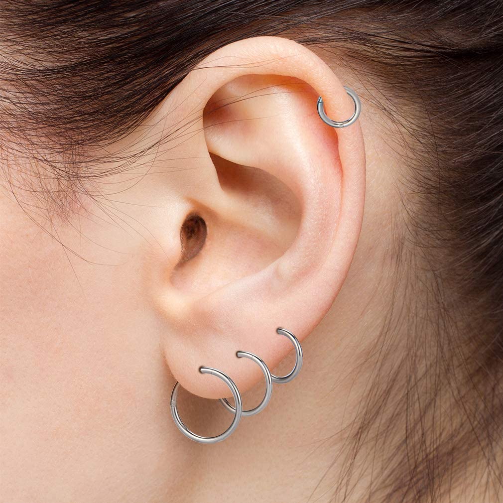 WHATOOK Silver Hinged Hoop Earrings Surgical Seamless Stainless Steel Earring for Cartilage Piercings,6mm 8mm 10mm 12mm 4 Pcs Anti-tragus Helix Hoop Unisex Body Belly Button Piercing Kit - Image 2