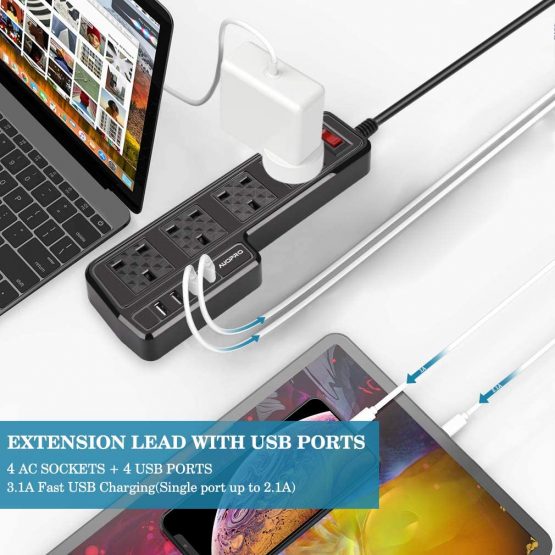 4 Way Extension Lead 5M, AUOPRO Multi Gang Power Strip with 4 USB Sockets/3.1A, Black Mains Plug Extension, Switched, Wall Mounted, 2 Replaceble Fuses, Long Cable for Home Office - 2500W/10A - Image 2