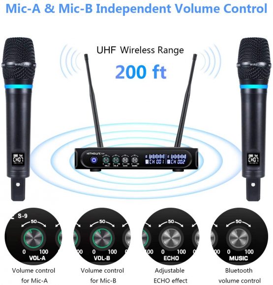 Kithouse S9 UHF Rechargeable Wireless Microphone System Karaoke Microphone Wireless Mic Cordless Dual with Bluetooth Receiver Box + Volume Control ECHO for Karaoke Singing Speech Meeting Church - Image 2