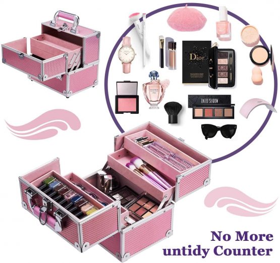 Frenessa Makeup Box Cosmetics Case Jewelry Organiser Vanity Make Up Storage Box Beauty Train Case Lockable with Keys (Mermaid Pink) - Image 2