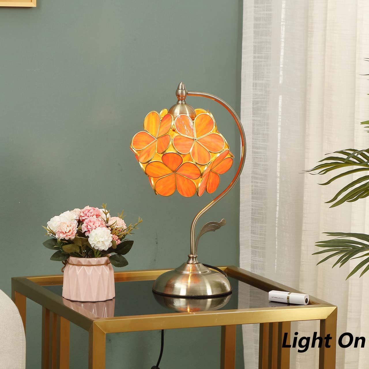 Bieye L30753 Tiffany Style Stained Glass Flower Petal Table Lamp with Brass Base for Home Décor (Orange, 8" Cherry Blossom) - Image 3