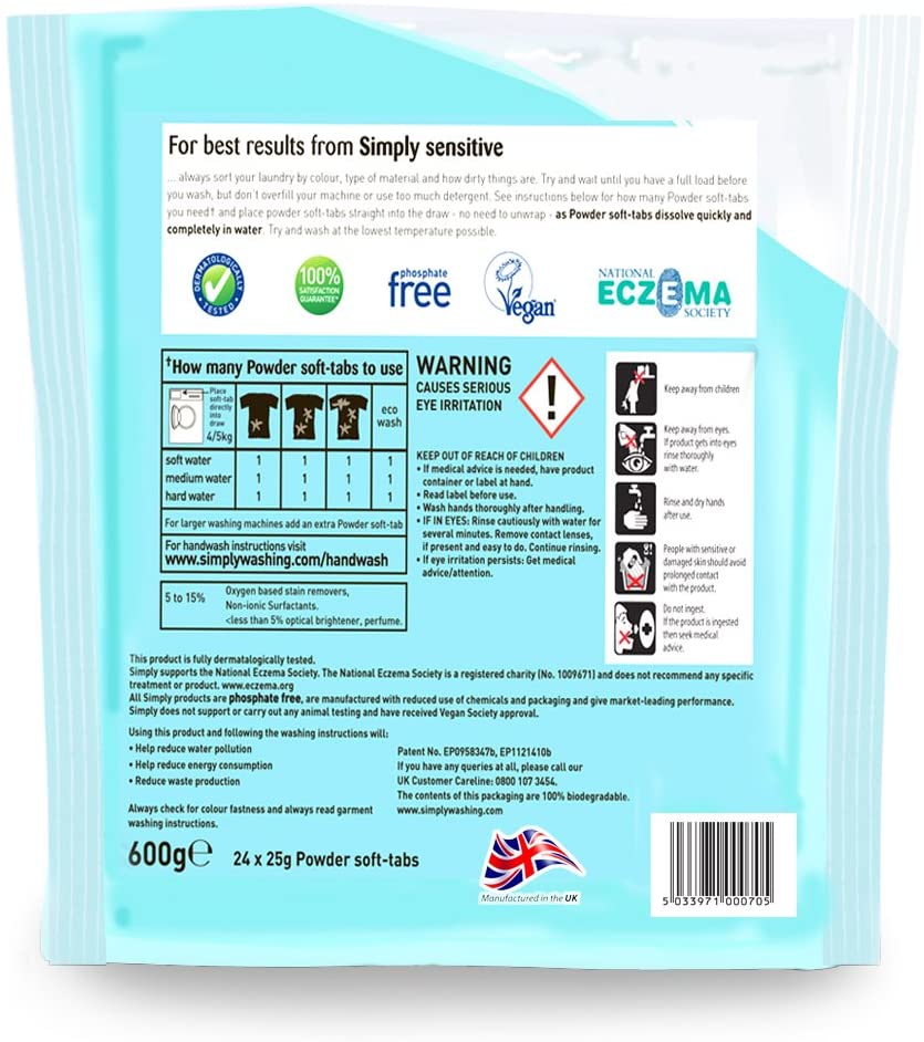 Simply Sensitive Non-Bio Soluble Powder Soft-Tabs - Pack of 100 Washes, 100 Count (Pack of 1) - Image 4