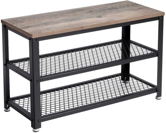 VASAGLE Shoe Bench, 3-Tier Shoe Rack, Storage Organiser with Seat and Shelf, Metal Frame, for Entryway, Living Room, Hallway, Industrial Accent Furniture, Greige and Black LBS73MB