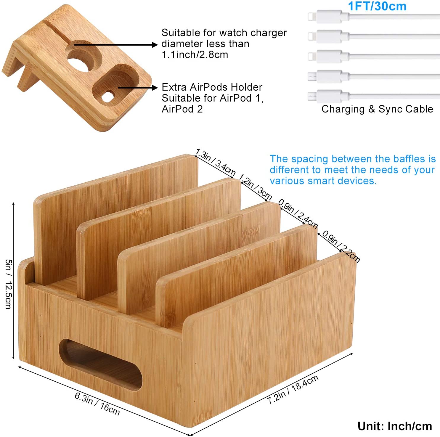 Bamboo Charging Stations Rack, for Multiple Devices Desktop Docking Station Organizer, for Cell Phones Tablet - Image 3