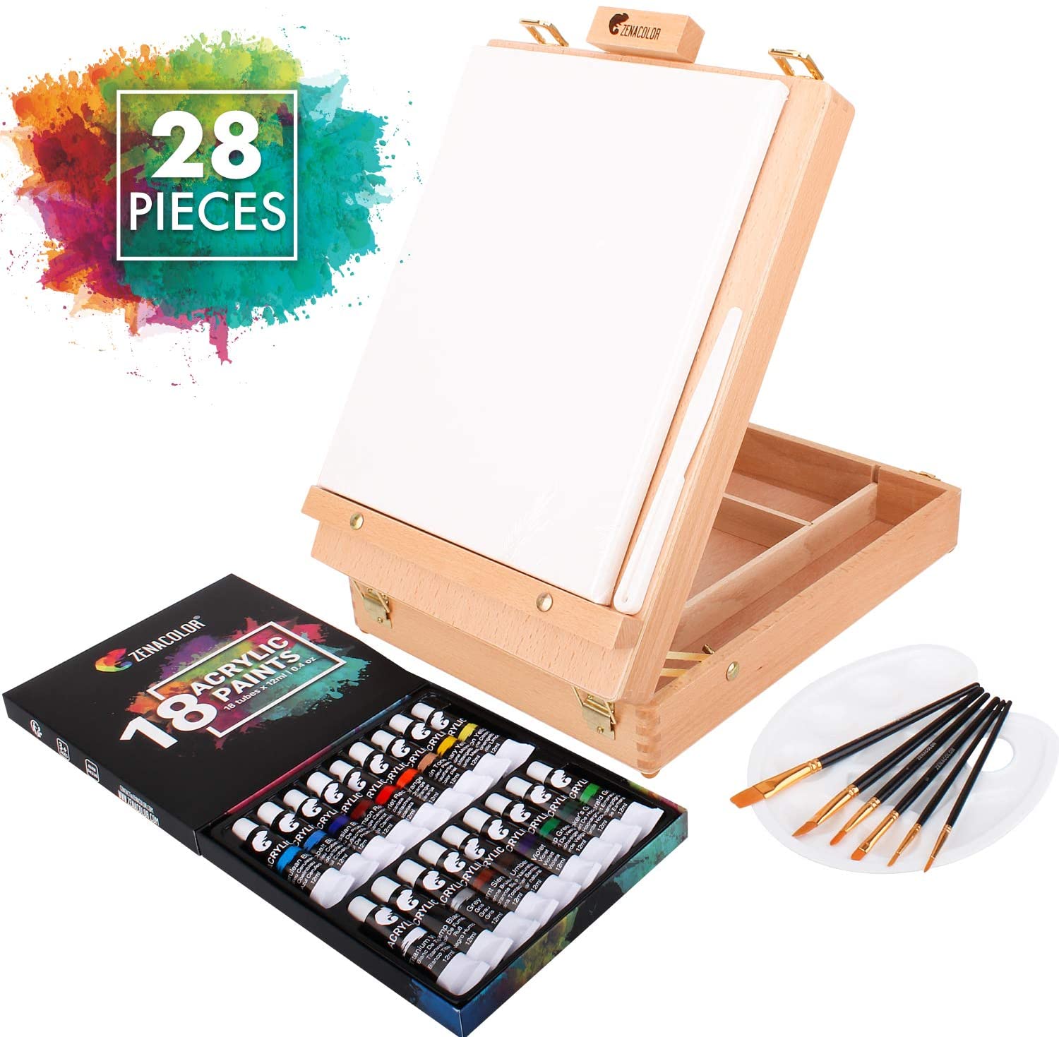 Acrylic Paint Set for Artists, with Box, Wood Easel, 24 Tubes of Acrylic Paints, 6 Paintbrushes, Blank Canvas, Spatula