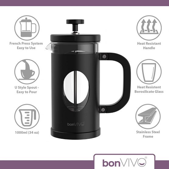 ﻿bonVIVO French Press - GAZETARO I 350ml Cafetiere Coffee Maker Set - Stainless-Steel Cafetieres w/ Heat Resistant Glass, Scoop and Replacement Filter - Silver - Image 4